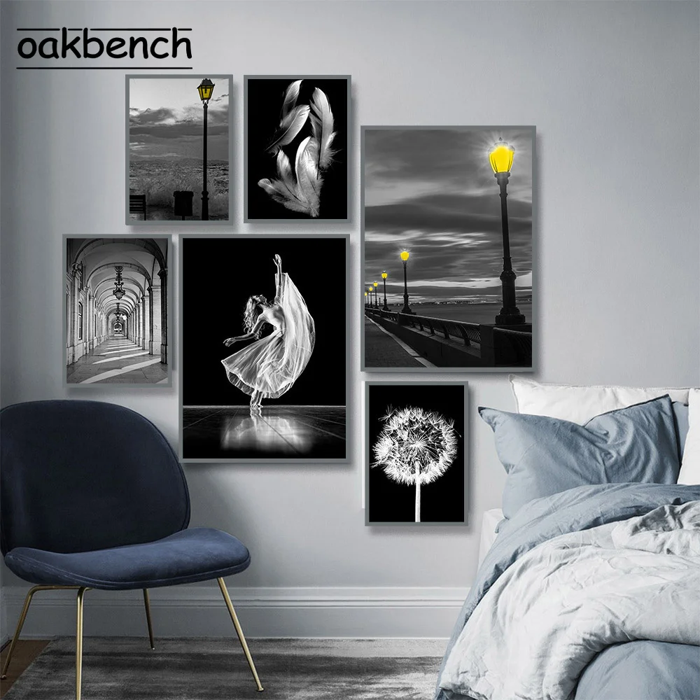 

Black White Poster City Building Canvas Painting Dancing Girl Posters Nordic Art Prints Modern Wall Pictures Living Room Decor