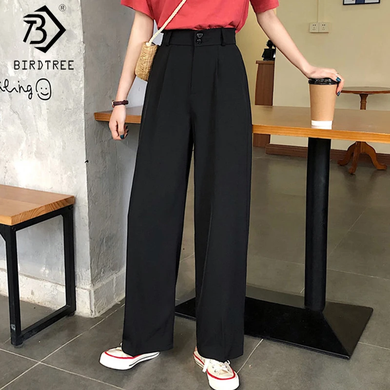 

2021 Summer Thin Fabric Women Wide Leg Pants High Waist Pockets Button Fly Long Trousers Casual Bottoms All Match B18305X