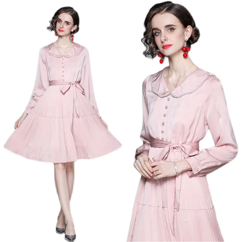 

Pink Dress Women 2021 Spring New Arrival Peter Pan Collar Long Sleeve Knee Length Pleated Dress Vestidos Jurk