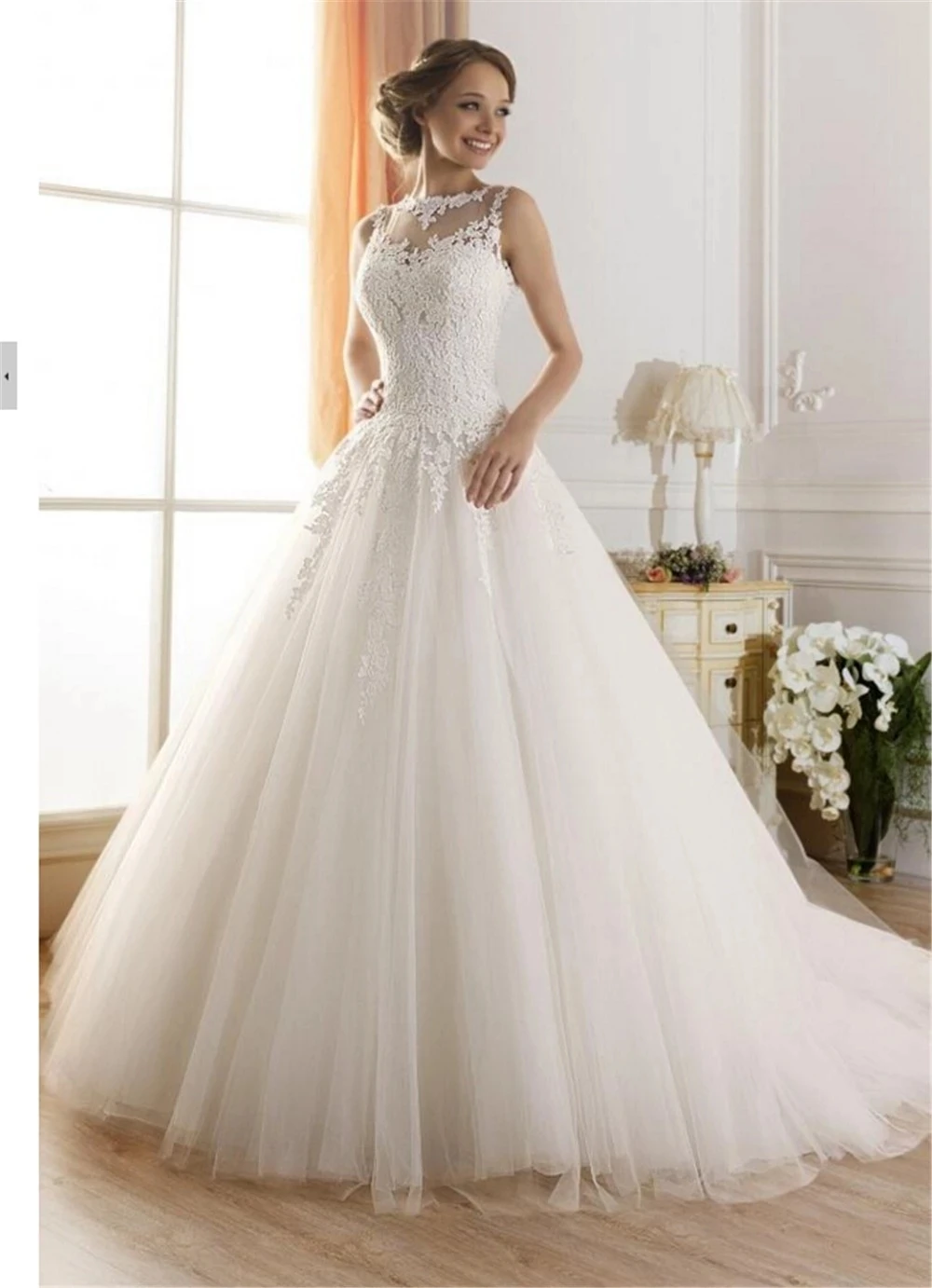 

Puffy Wedding Dresses A-line Scoop Tulle Appliques Lace Boho Dubai Arabic Wedding Gown Bridal Dress Vestido De Noiva