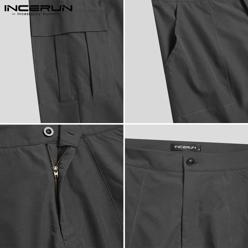 

Vintage Multi Pockets Joggers INCERUN Men Pants Solid Color Cargo Trousers Hombre Drop Crotch Zipper Pantalones Streetwear S-5XL