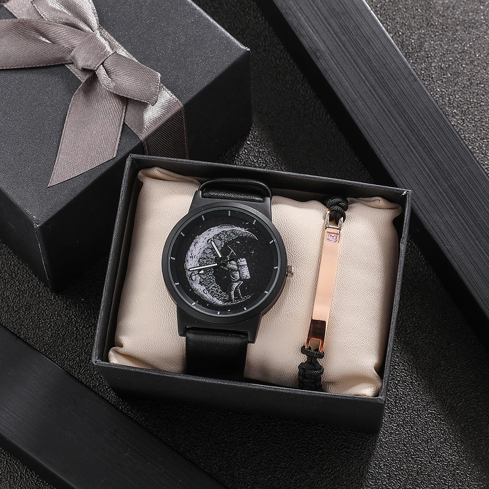 

Мужские часы, подарочный набор, модные часы с кожаным ремешком, лицо астронавта и браслет из титановой веревки, Подарочная коробка, кварцевы...