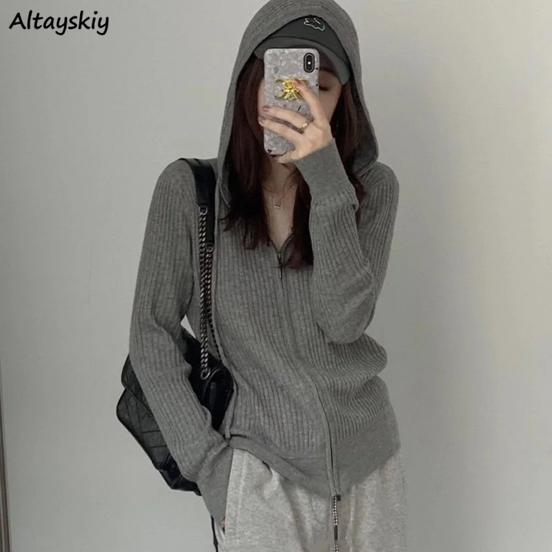 

Женский кардиган на молнии, однотонный простой вязаный свитер с капюшоном, Женский облегающий элегантный повседневный Модный Универсальны...