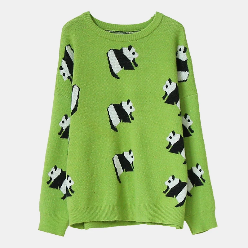 

PERHAPS U Green Red Beige Khaki Long Sweater Knitted Pullovers Long Sleeve Panda Pattern Loose Autumn Winter M0265