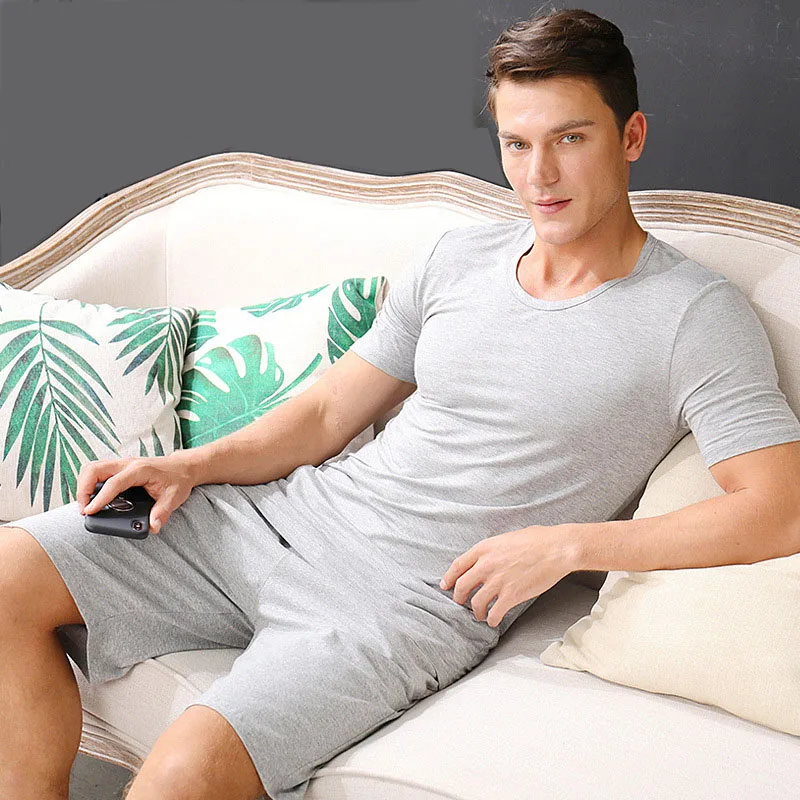 Серые летние пижамы для мужчин хлопковый женское белье комплект свободные шорты