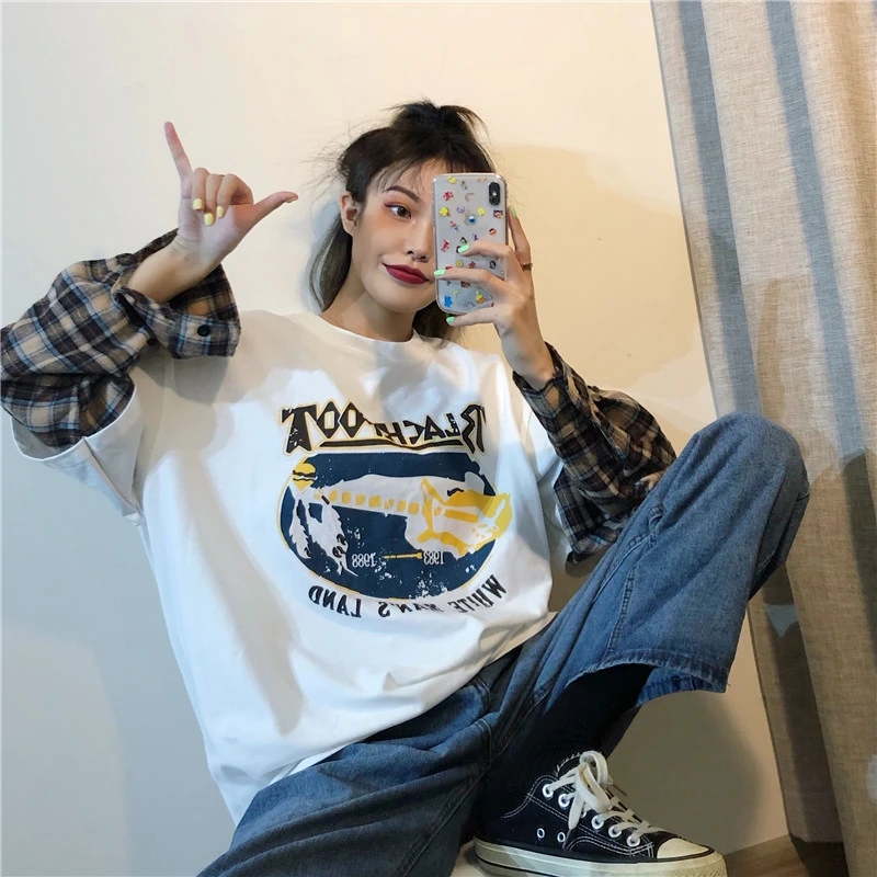 

Harajuku Sweatshirt Women Patchwork Fake 2 Pieces Print Long Sleeve Plaid Korean Streetwear Vintage Jumper