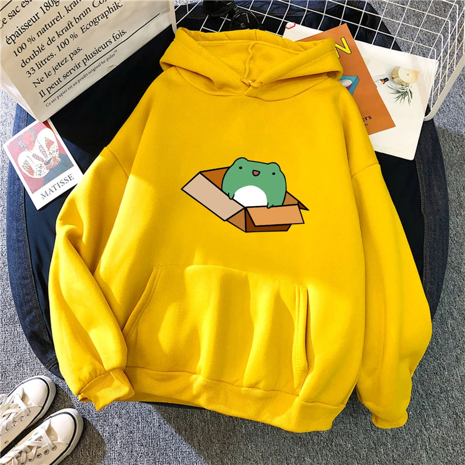 Harajuku Winter Fashion Women Hooded Printed Sweatshirt Long Sleeve Casual Pullover Shirt with Pockets Oversized Top Pullover