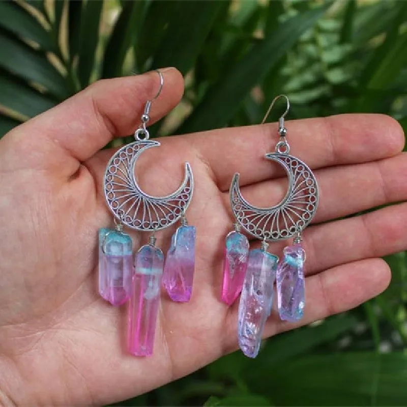 

New Fashion Irregular Geometric Natural Crystal Stone Gradient Hollow Moon Metal Pendant Stud Earrings For Women Party Jewelry