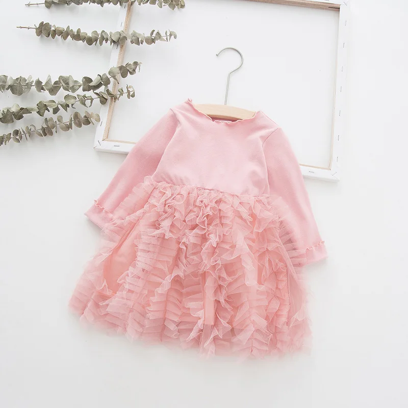 2019 платье для девочек детская одежда с длинными рукавами однотонные хлопковые