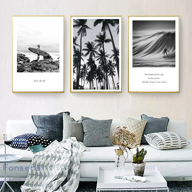 

Black White Beach Surfing Life Quotes Canvas Painting Vintage Retro Travel Palm Tree Poster Wall Art Pictures Home Decor Gift