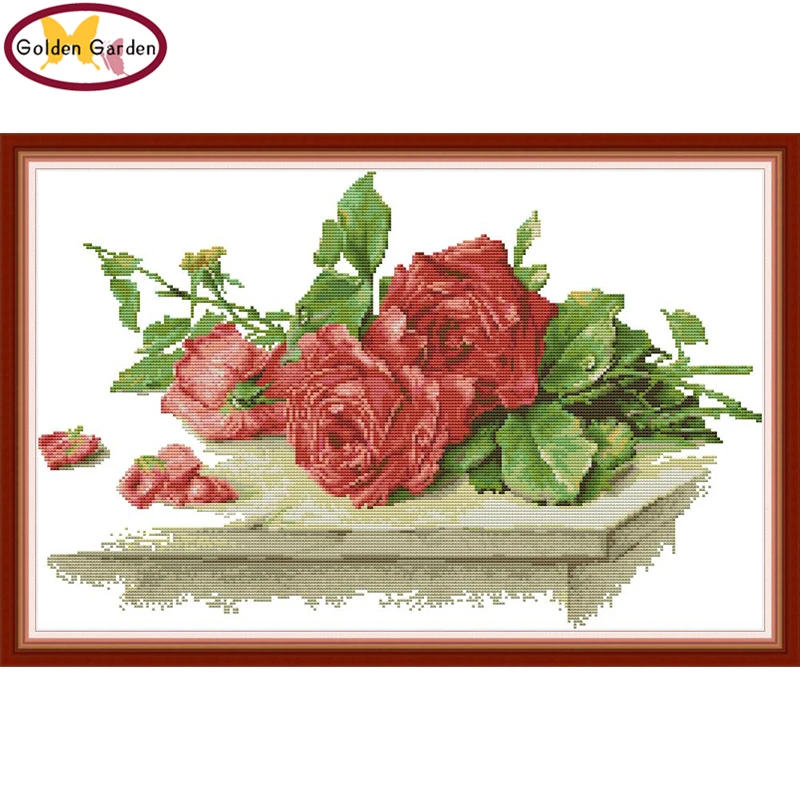 

GG Red Roses on The Table Cross Stitch Kit 11CT14CT Chinese Embroidery Needlework Set Print Cross Stitch Pattern for Home Decor