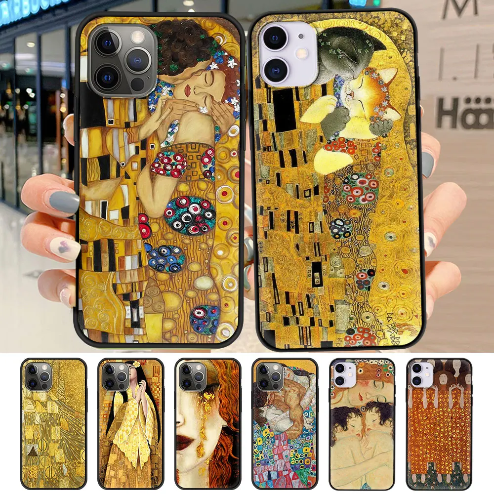 

Kiss By Gustav Klimt Capa for Apple iPhone 11 12 Pro Max 7 8 Plus SE 2020 XR X XS 5 6 6S Black Antiscratch Soft Phone Case Cover