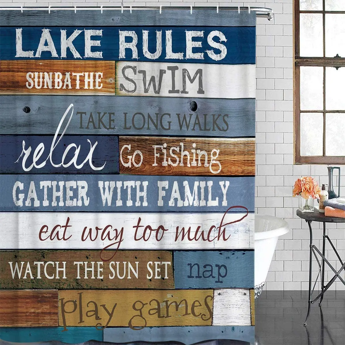 

Vintage Wooden Lake Rules Durable Waterproof Polyester Fabric Bath Curtain Set with Hooks