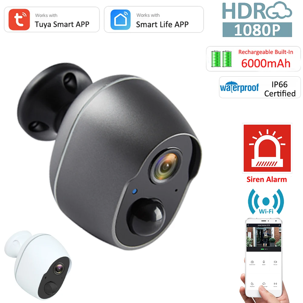

Tuya Wire Free 6000mAh Rechargeable Battery Wireless WiFi Buzzer Siren Solar Camera Outdoor IP66 135° Wide Angle Infrared Camera