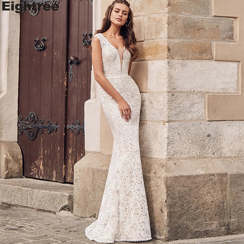 

Eightree Lace Mermaid Wedding Dresses V Neck Sleeveless Bride Dress Floor Length Sexy Bohomian Wedding Gowns Vestido De Novia