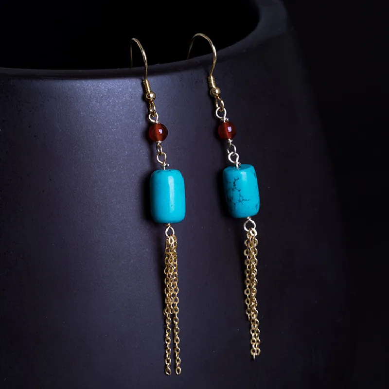 

2021 Новый ручной работы в китайском стиле Стиль ретро бирюзовый ствол бисера серьги женский 925 серебро, красный агат, ожерелье с длинной бахр...