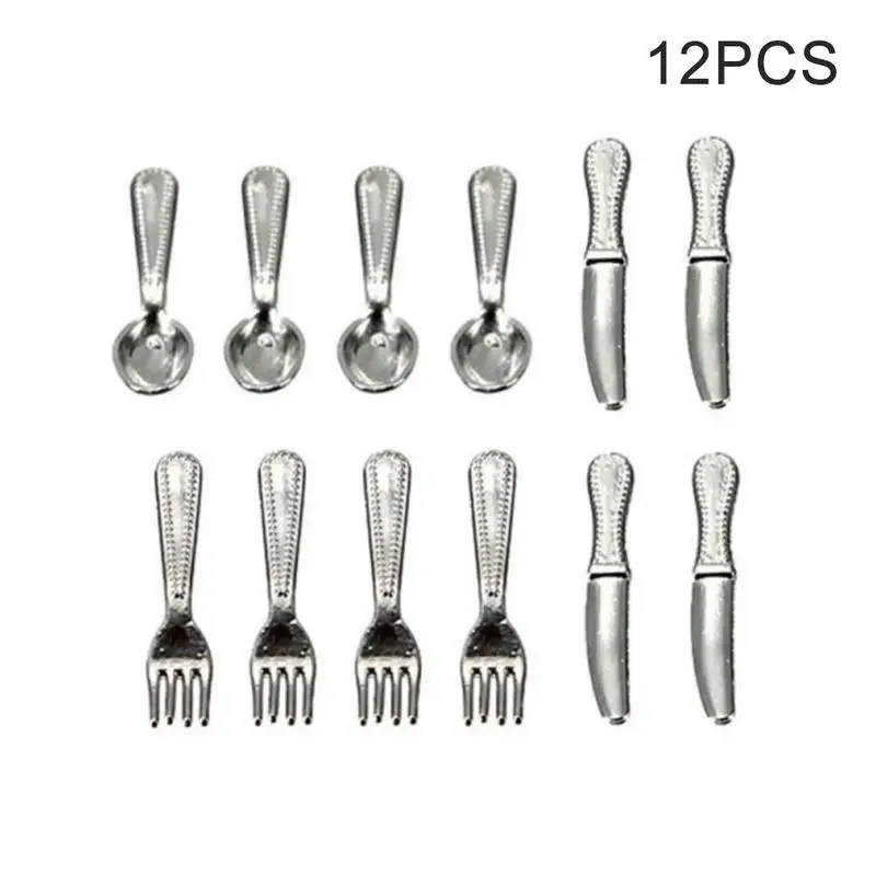 

12pcs/set Doll House Accessories Simulation Metal Spoon Dollhouse Restaurant Model Decoration Fork And Tableware Set Miniat O0V4