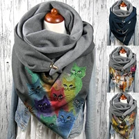 stylish women winter cats print button scarf soft warm neck wrap long shawl