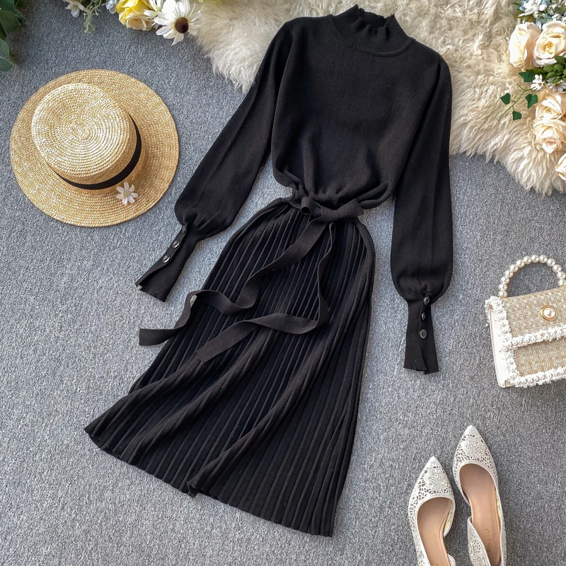 Женское плиссированное платье-свитер с поясом элегантное винтажное длинное