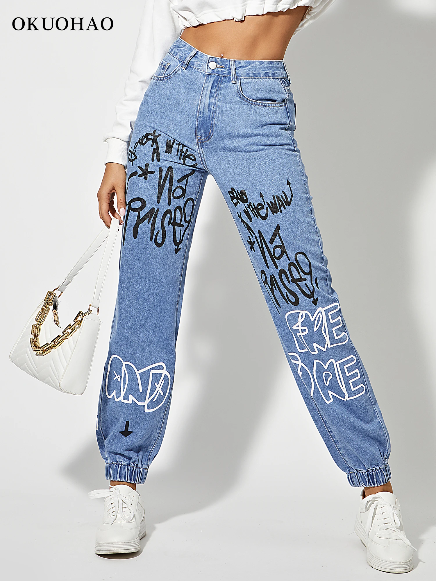 Print High Straight Jeans Women Denim Track Pants With Letter Pattern Womens High Rise Jogger Denim Jeans Waist Drawstring Pants