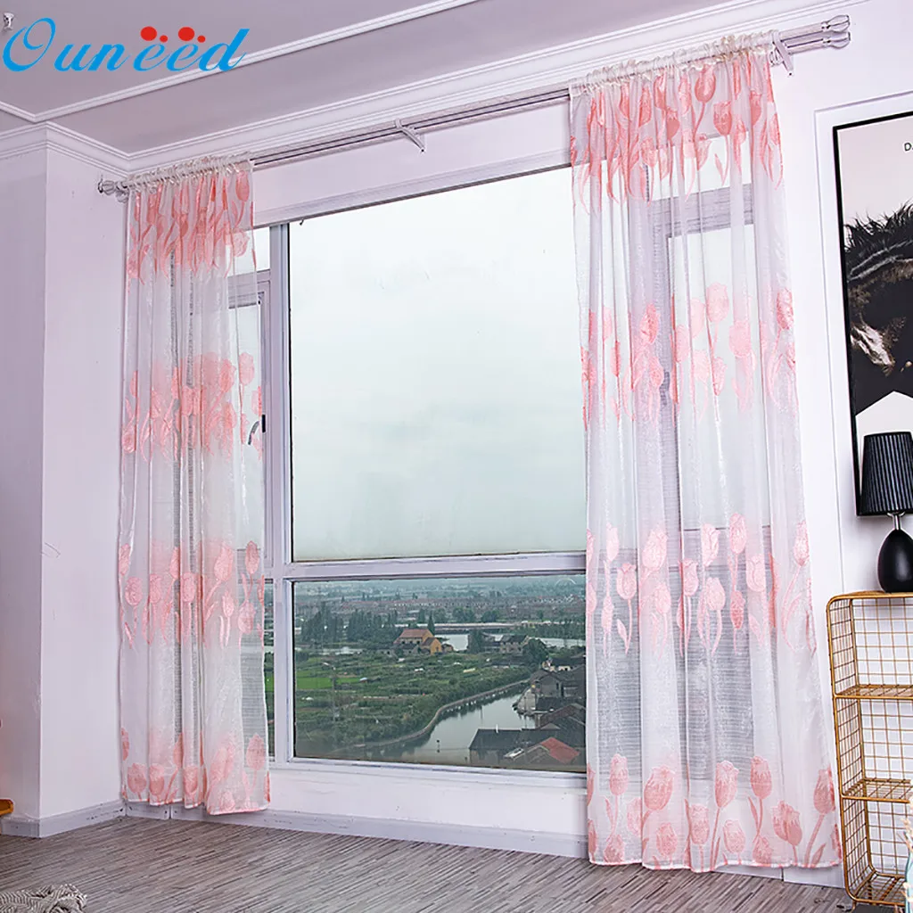 Ouneed занавес для окна 2 шт Романтический тюльпан цветочный узор прозрачный тюль