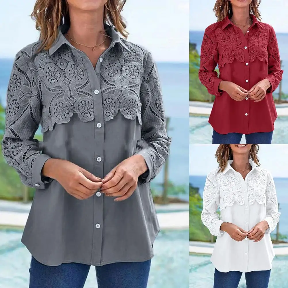 

Женская рубашка с кружевом, универсальная однобортная блузка на пуговицах, повседневные топы на пуговицах с длинным рукавом, женская одежд...