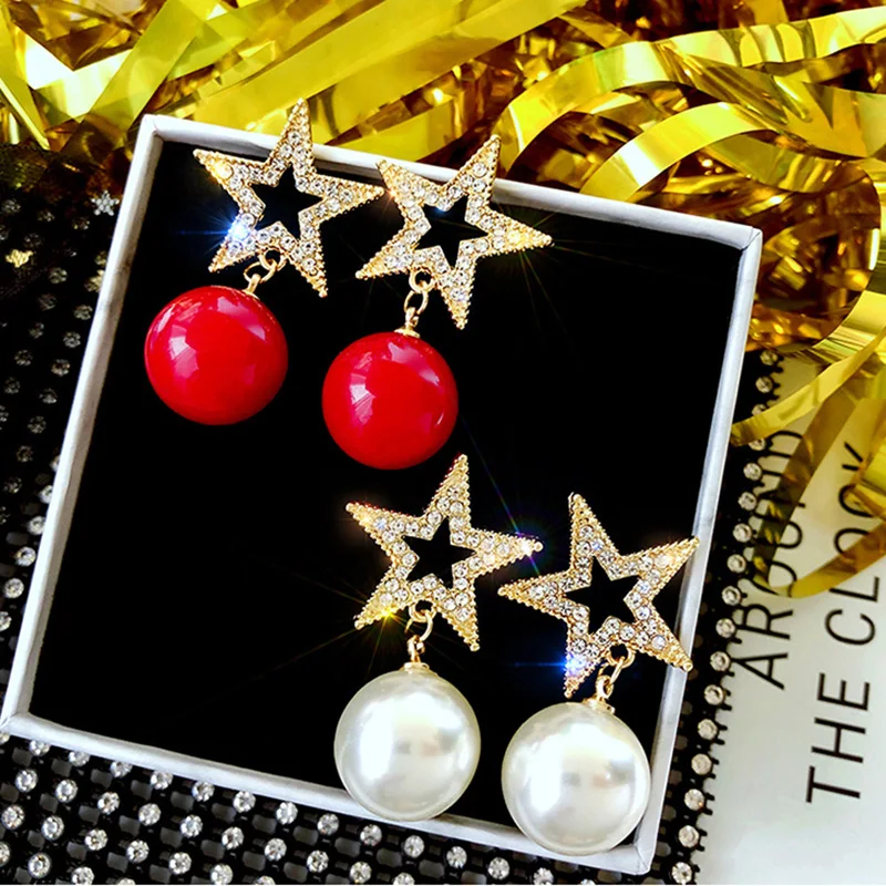 Женские серьги с искусственным жемчугом большие шарики белого и красного цветов