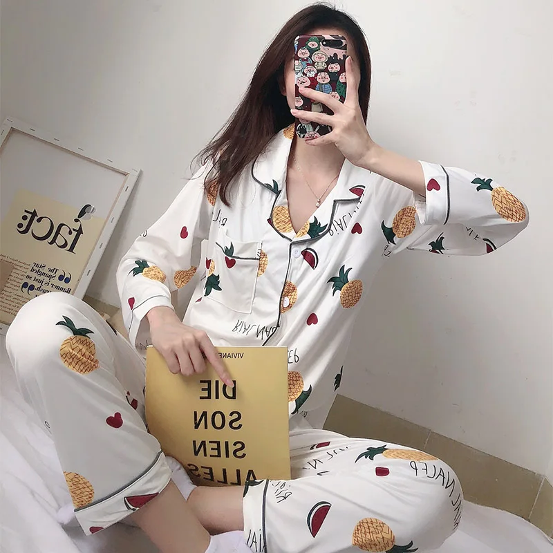 Women's Pajamas Spring Autumn Korean Long Sleeve Nightgown Cardigan Cartoon Leisure Nightwear Home Suit Sleepwear Sleep Wear