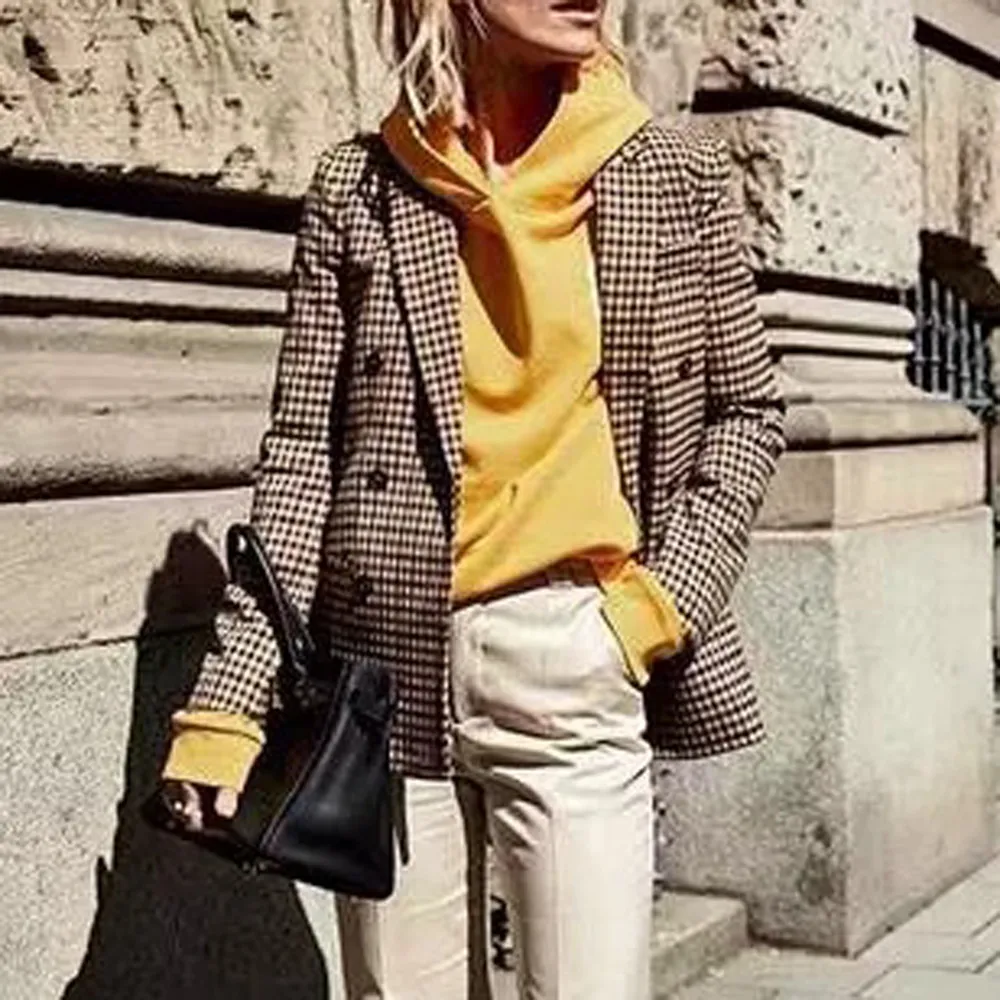 Женский клетчатый Блейзер повседневный блейзер в стиле ретро с подплечниками на