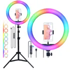 Fosoto 10 дюймов RGB светодиодный светильник для селфи, кольцевой светильник с треногой, кольцевой светильник с регулируемой яркостью, кольцевой светильник для телефона с подставкой для Youtube Live Makeup