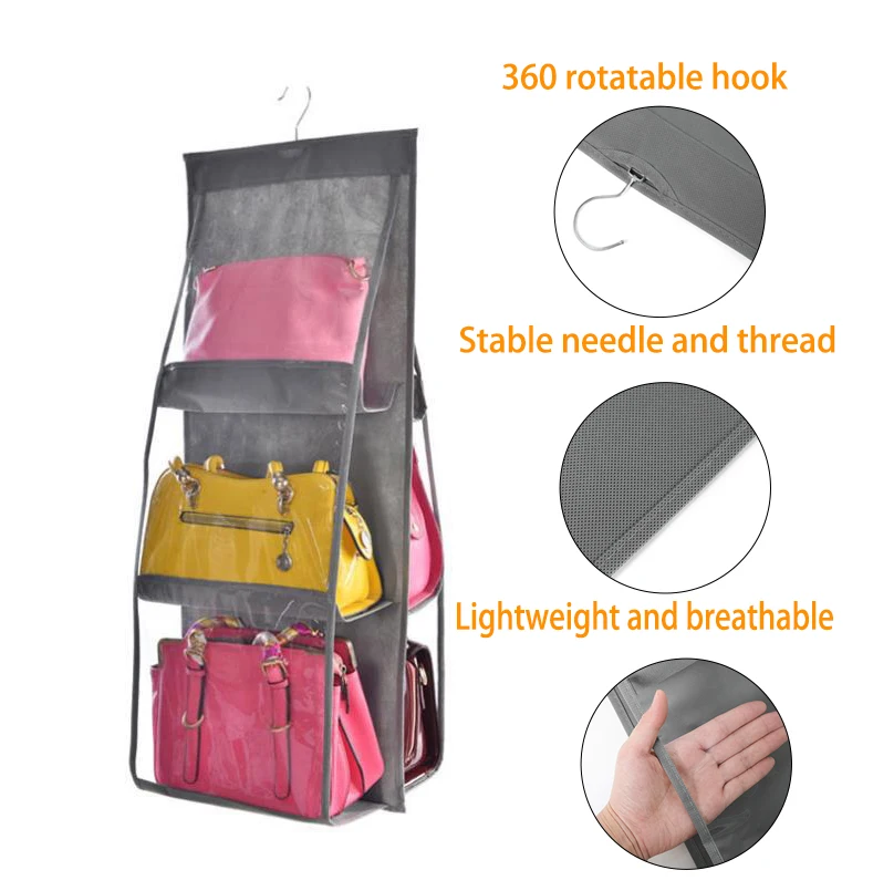 

"6 Pocket Hanging Handbag Organizer for Wardrobe Closet Transparent Storage Bag Door Wall Clear Sundry Shoe Bag with Hanger Pouc