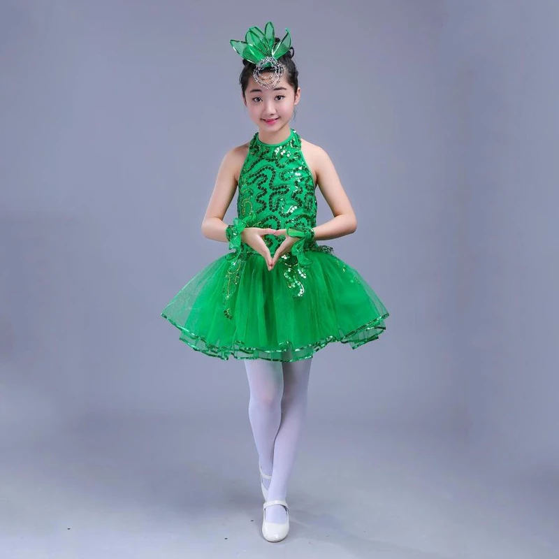Детский танцевальный костюм без рукавов для девочек зеленый блестящий