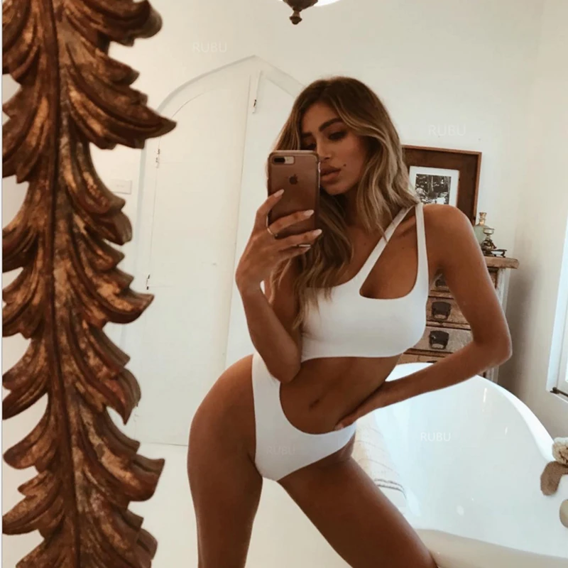 

2021 Women Bikini Bodysuit Push Up Swimwear Sexy Lady Halter Asymmetrical Slim Fit Exposed Navel Beach Bathing Suit Set