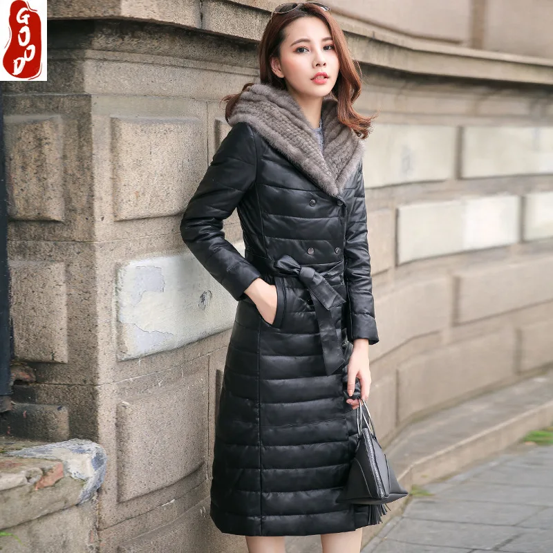 

2021 Warm Female PU Leather Duck Down Jacket Mink Fur Hooded Coat Black Plus Size 5XL Women's Outerwear abrigos CJ419