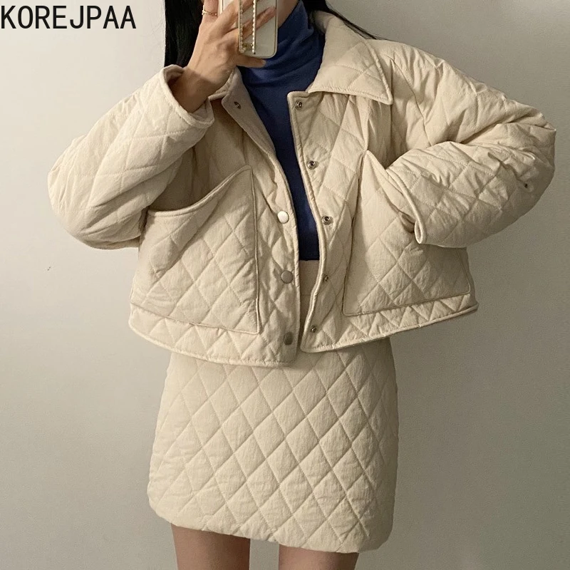 

Korejpaa Casual Argyle Short Parkas Women Korea Winter Turn-down Collar Long Sleeve Big Pocket Top High Waist Bodycon Skirt