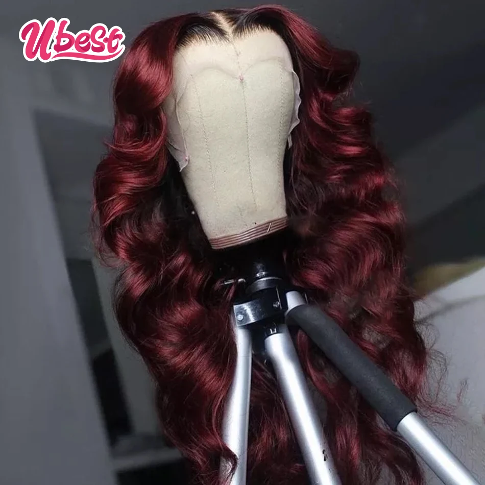 Ubest Burgundy Peruvian Body Wave Lace Front Wigs Big Wave Colored Human Hair Wigs for Women Pre-Plucked 99J Transparent Lace