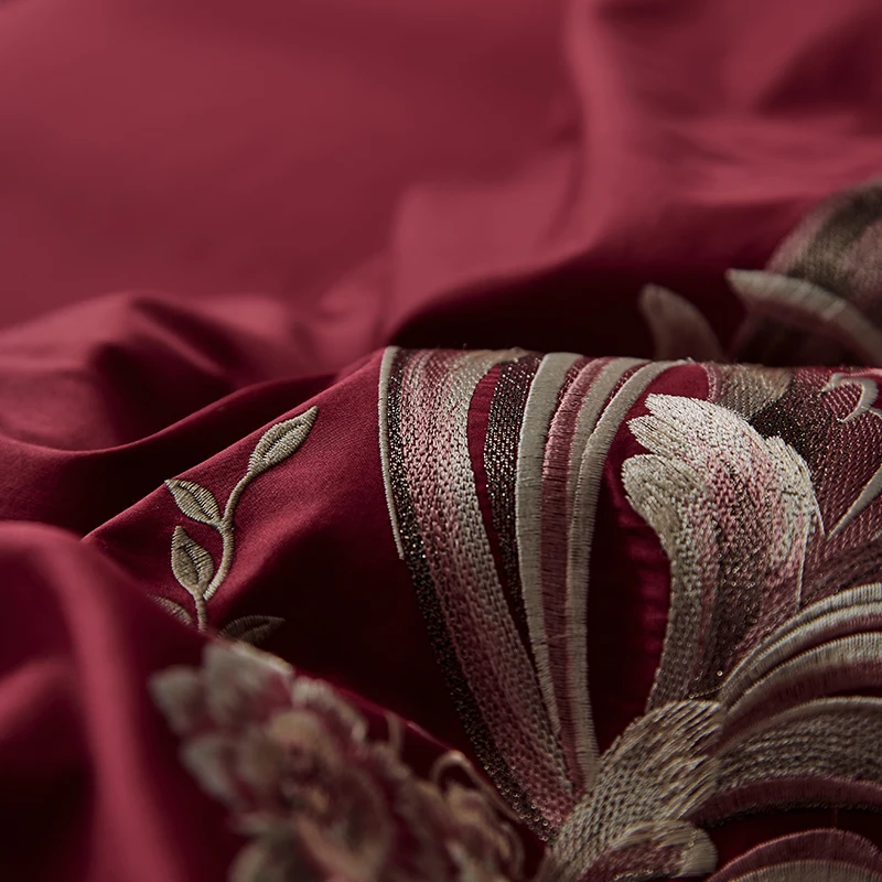 

Wine Red Luxury 2021 Cotton Embroidery Queen King size Bedding Set Fitted sheet Bed sheet set Duvet cover parure de lit