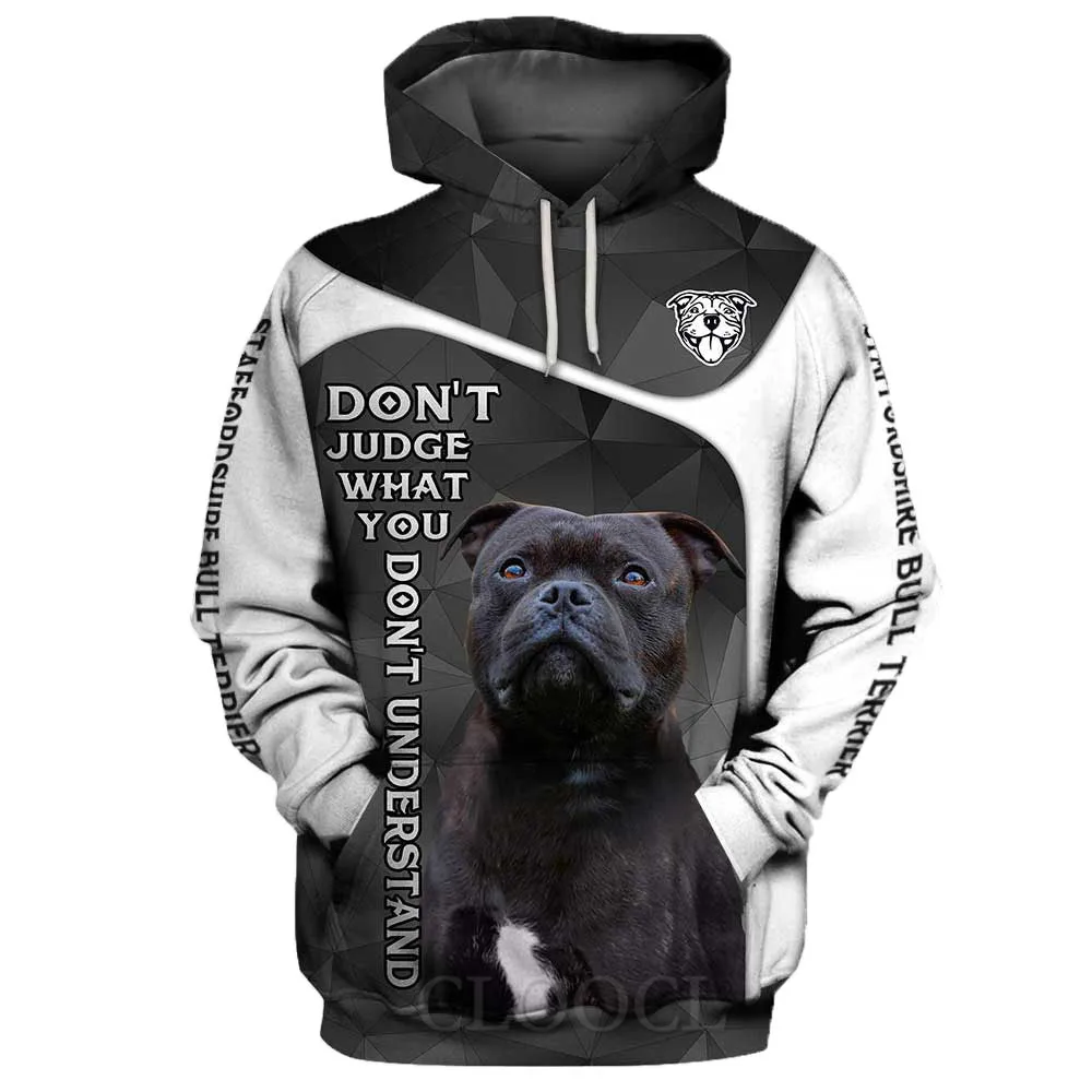 

HX Animals Hoodies 3D Graphic Don't Judge Staffordshire Bull Terrier Hoodie Pets Pocket Pullovers Streetwear Men Clothing