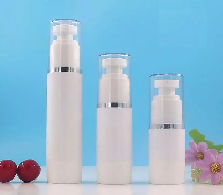 

Empty 15ml 30ml 50ml Airless Bottles White Airless Vacuum Pump Lotion Bottle with Silver gold Line Cosmetic Packagings SN59