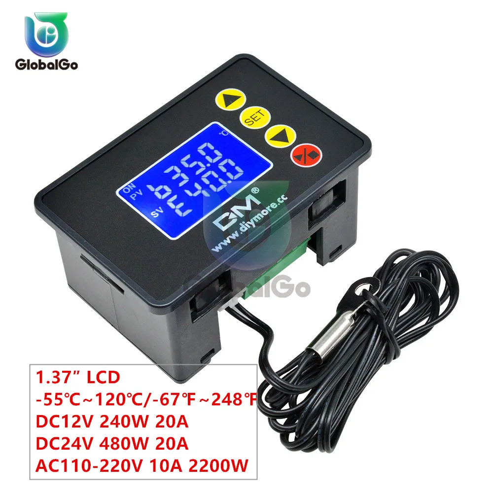 AC110-220V 10A 2200W 1 37 ″ ЖК-дисплей термостат DC12V 240W 20A DC24V 480W Температура контроллер NTC