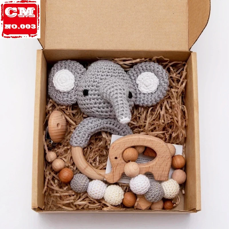 

1set Baby Rattle Wooden Crochet Elephant Bells Music Teething Bracelet Pacifier Dummy Clips Gym Play Rodent Baby Products Toy