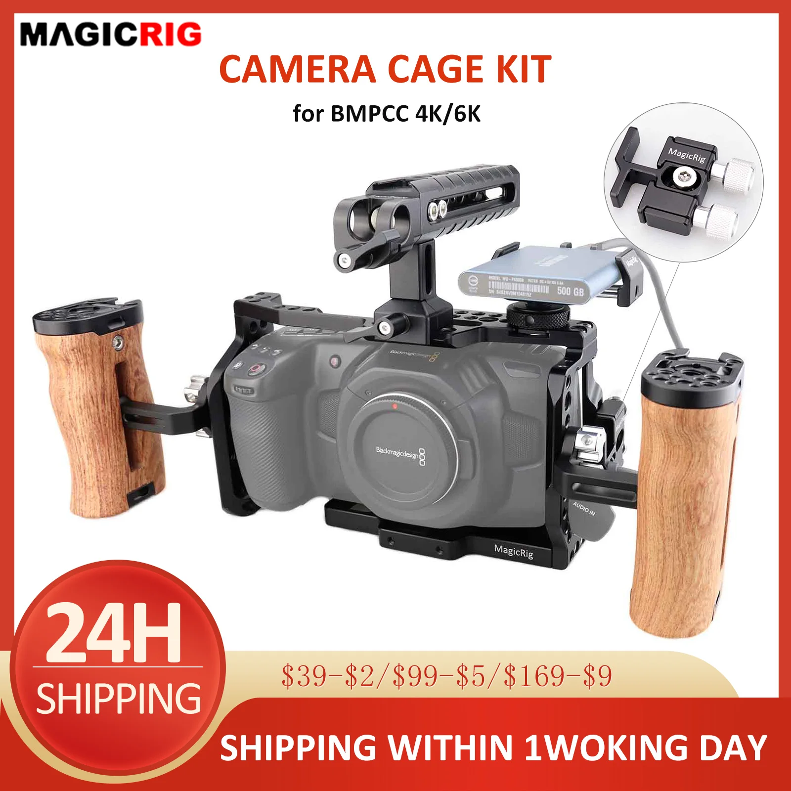 

MAGICRIG Camera Cage Kit for BMPCC 4K /6K with NATO Handle , Adjustable Wooden Side Handle T5/T7 SSD Mount HDMI/USB-C Cable Lock