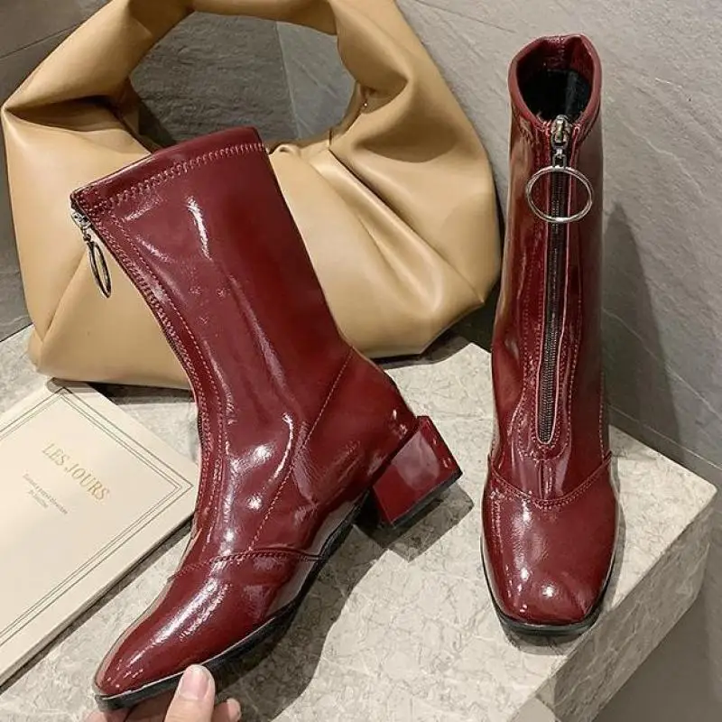 

INS Hot Women Ankle Boots Outdoor Booties Woman Ankle Boots Metal Heel Patent Leather Zipper Shoes Woman Fashion Casual