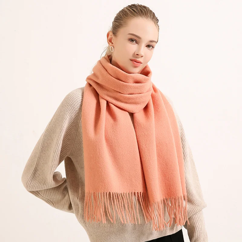 Orange Pink Зимний шарф из чистой шерсти, Женский однотонный красный шарф, Женский платок с кисточками, теплые шарфы из мериносовой шерсти, кашемировые шарфы - Цвет: Orange Pink