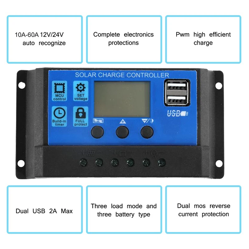 Cena Automatyczny Regulator ładowania Solarnego PMW, 60A/50A/40A/30A/20A/10A, 12V 24V, Kontroler Energii Słonecznej, LCD, Podwójny Port USB, Wyjście 5V, Panele Słoneczne, Regulacja PV