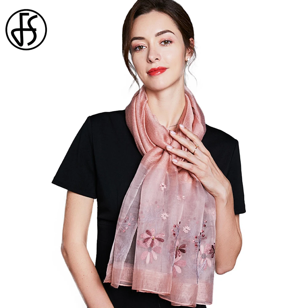 

FS Luxury Brand Ladies Silk Wool Scarf Shawl Beach Towel Flower Handmade Embroidery Autumn Winter Hijab Scarf For Women Foulard