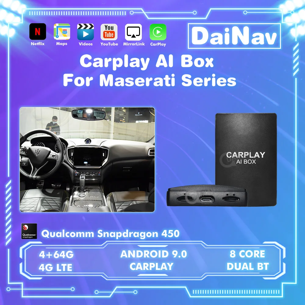 

Беспроводной CarPlay Ai Box для серии Maserati, Android 9, подключи и работай на Youtube, Netfix для автомобильного мультимедийного Проигрывателя серии Maserati