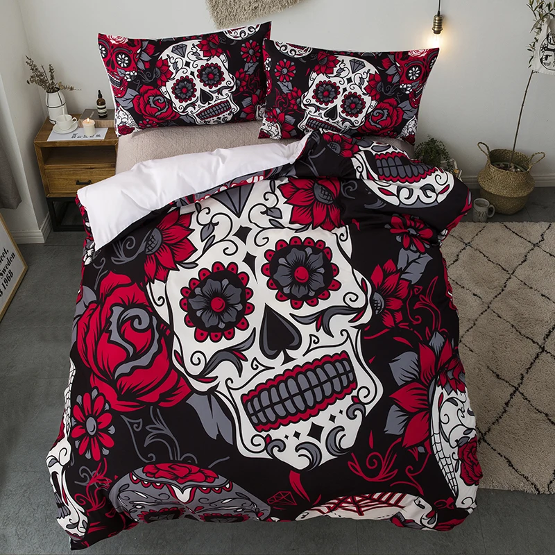 

Cartoon watercolor rose flower skull 3D skull bedding set 3D skull quilt cover pillowcase large white duvet cover