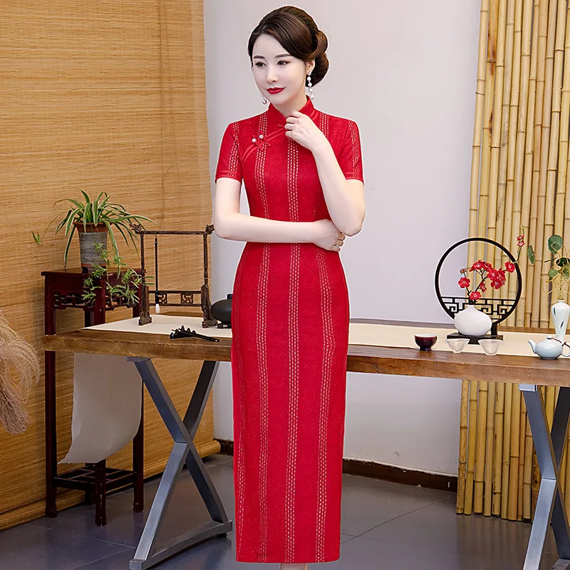 

Chinese Traditional Cheongsam Dress Women Girl Lace Retro Elegant Wedding Women Vintage Split Long Qipao Vestido