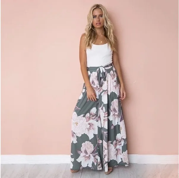 Floral Print Wide Leg Pants Women Long Casual Chiffon Trousers Summer Boho Beach Elastic High Waist Spring | Женская одежда